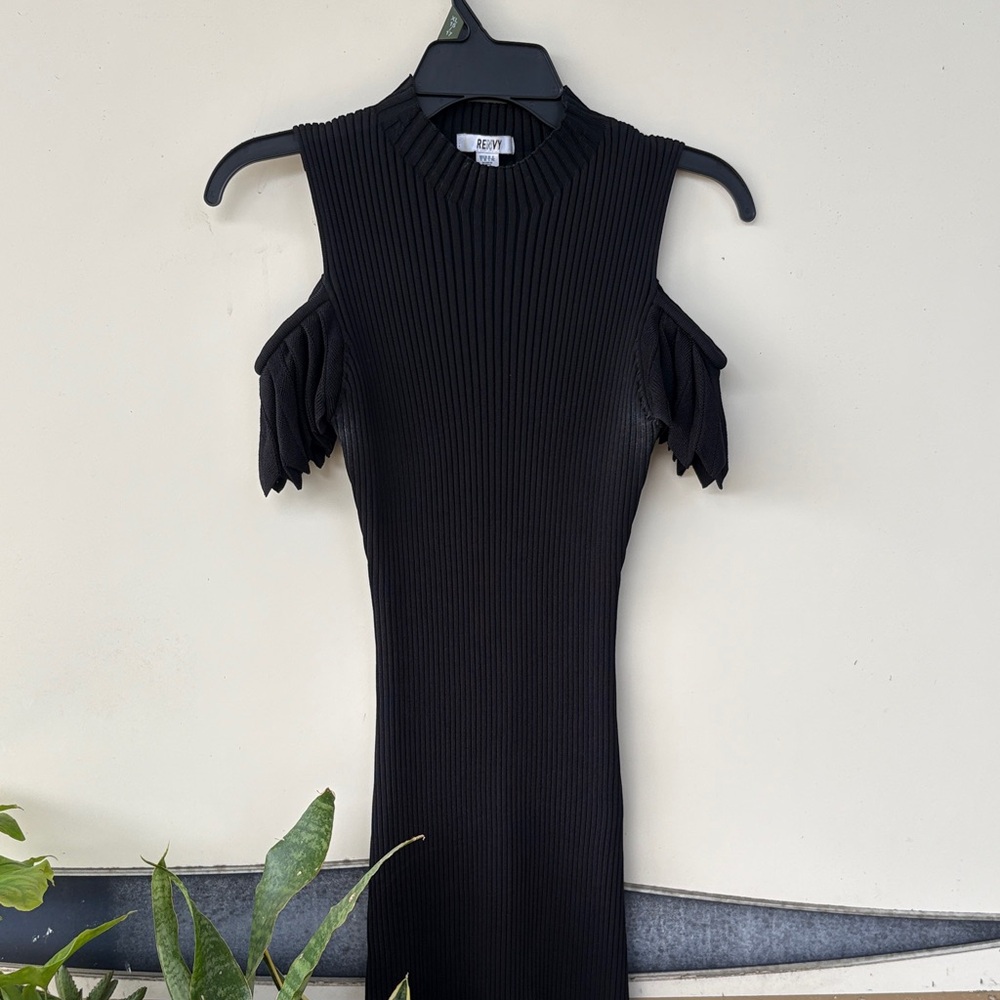 Renvy Black Ribbed Cold Shoulder Mini Dress